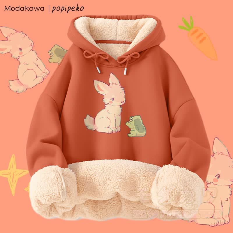 MODAKAWA X popipeko Bunny And Frog Graphic Thick Fleece Lined Winter Hoodie - Orange - 2XL - image 4