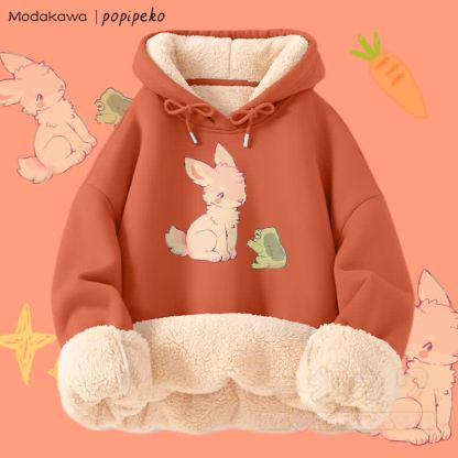 MODAKAWA X popipeko Bunny And Frog Graphic Thick Fleece Lined Winter Hoodie - Orange - 2XL - image 4