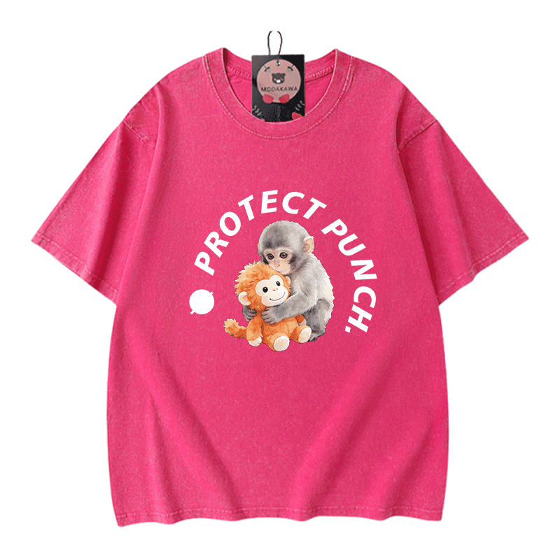 PROTECT PUNCH Hugging Monkey Graphic Modakawa Unisex Vintage Washed T-shirt - Rose Red - 5XL - image 7