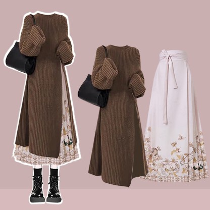 Knit Sweater Dress Flower Print Horse-face Skirt Matching Outfit - Set C - 3XL - image 5