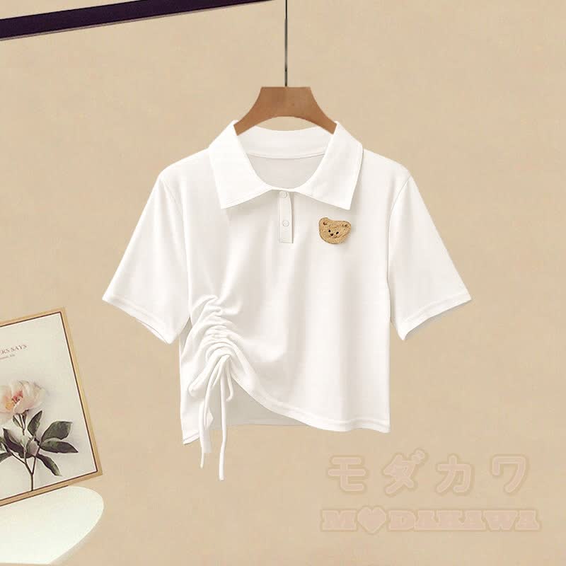 Bear Polo Collar Drawstring Shirt Skirt Matching Outfit - image 2