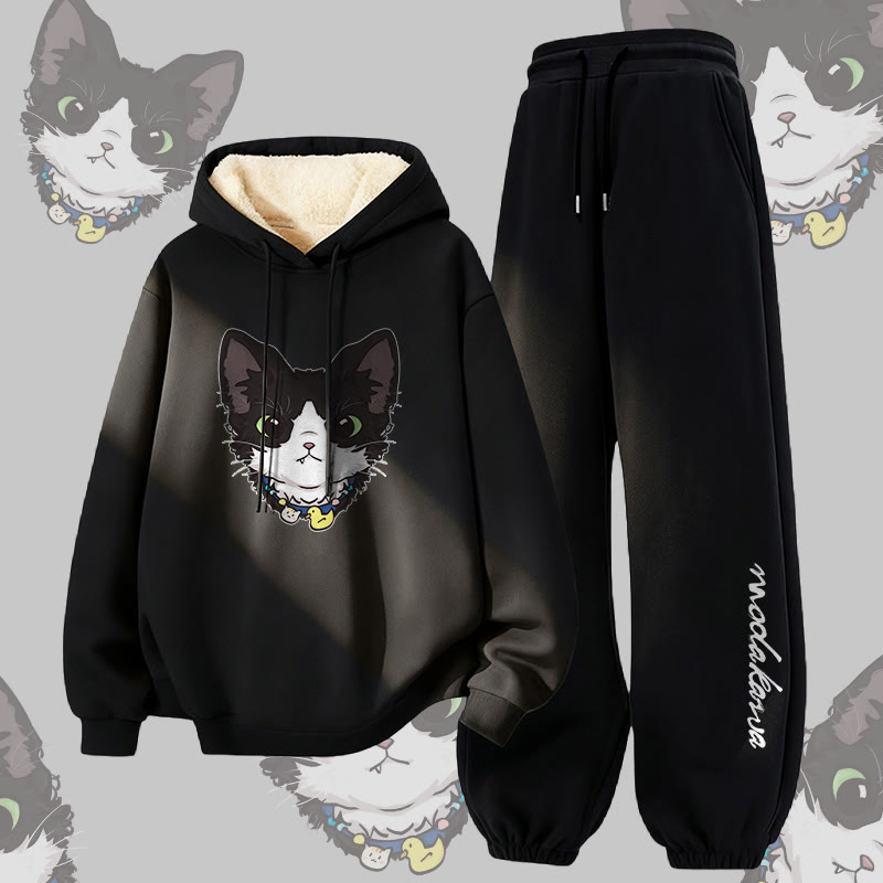 MODAKAWA Cute Kitty Graphic Thick Fleece Lined Hoodie Pants Two Pieces Set - Black - 5XL - image 4