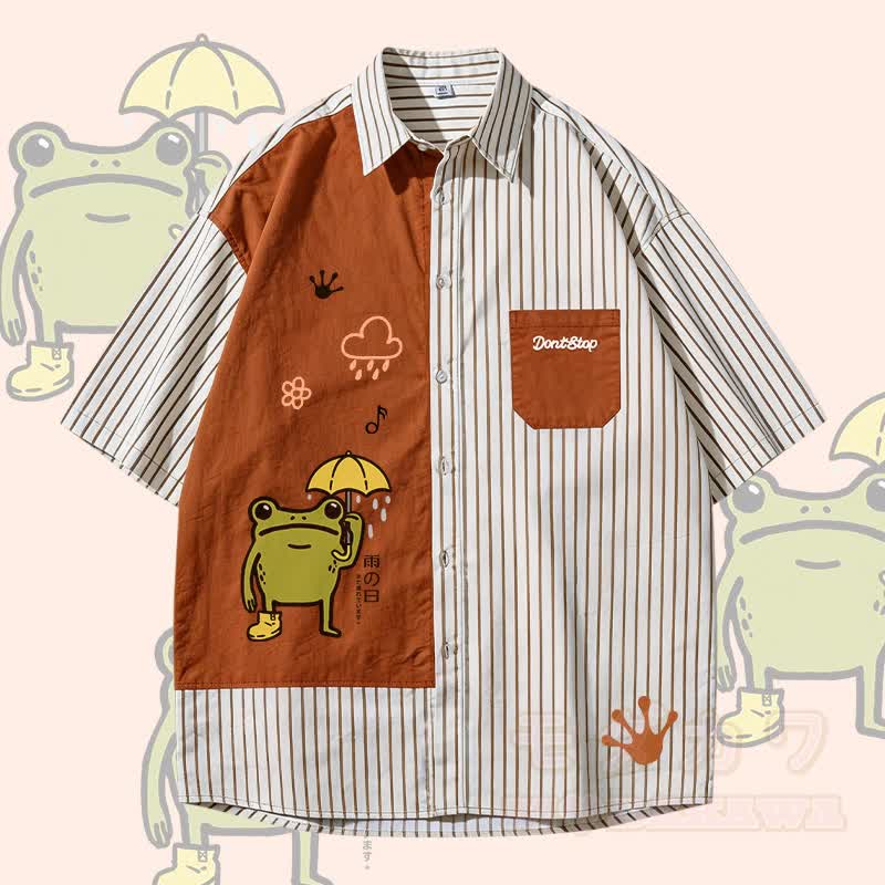 Rainy Frog Graphic Modakawa Color Block Stripe Oversized Shirt - Brown - 3XL - image 3