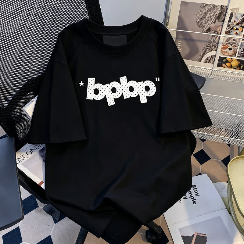 Dot Big Bow off Shoulder Top And BPBP Print T Shirt Couple Matching Set - Men's Black T-Shirt - 2XL - image 5