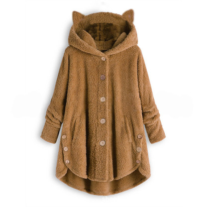 Kitty Ear Button Irregular Hooded Sweatshirt - Ginger - 5XL - image 5