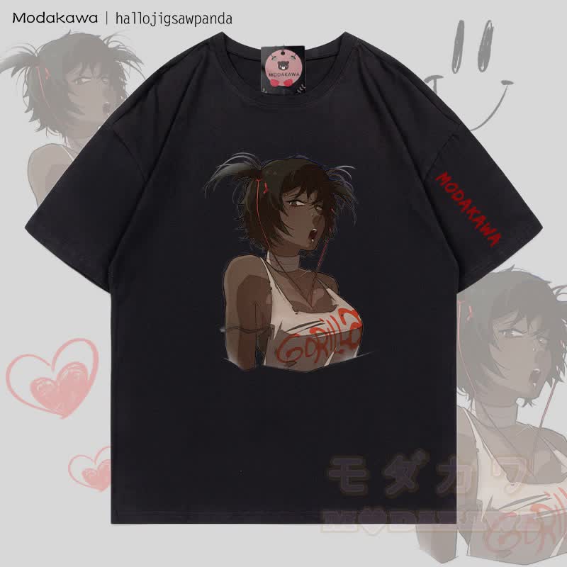 MODAKAWA X Hallo Edgy Anime Girl Graphic T-shirt - Black - 5XL - image 5