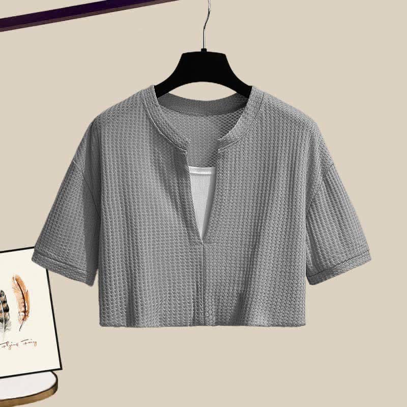 Fake Two Pieces Crop Top T-Shirt Casual Pants Two Pieces Set - image 14