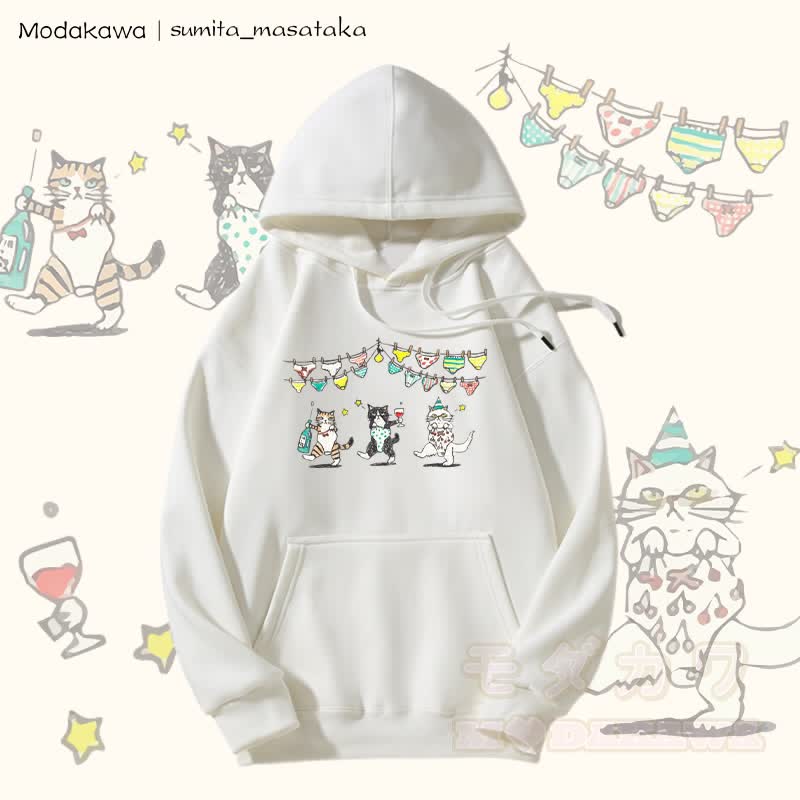 MODAKAWA X sumita_masataka Tipsy Party Cats Graphic Fleece Lined Hoodie - White - 5XL - image 4