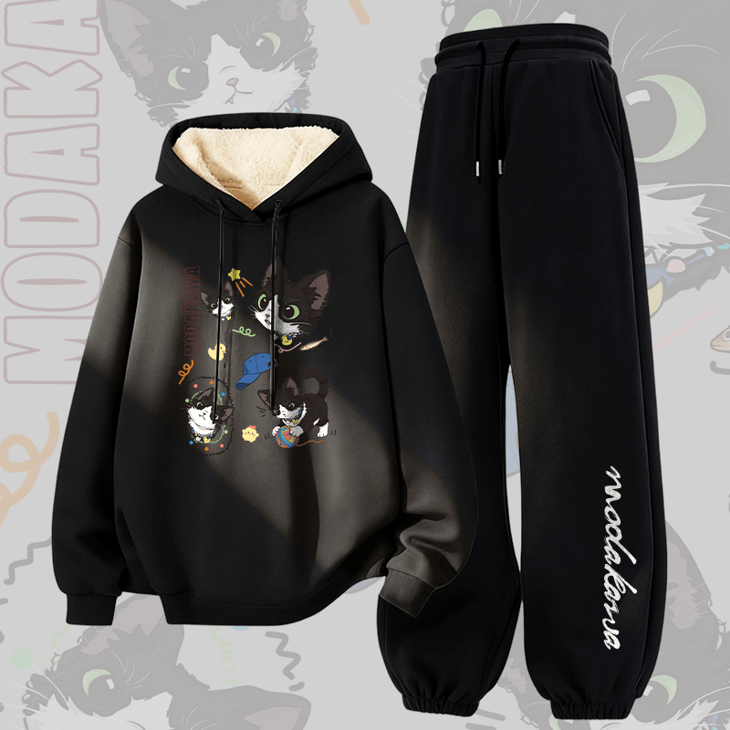 MODAKAWA Cheeky Black Cat Graphic Thick Fleece Lined Hoodie Pants Two Pieces Set - Black - 5XL - image 3