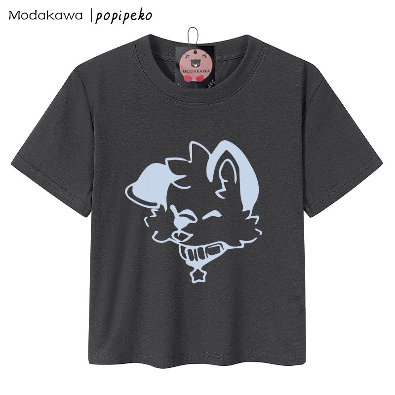 MODAKAWA X popipeko Puppy Graphic Women's Cropped T-Shirt 92% Combed Cotton Crop Top - Grey - XL - image 3