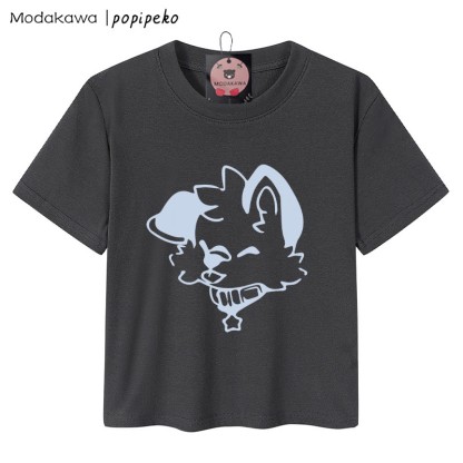 MODAKAWA X popipeko Puppy Graphic Women's Cropped T-Shirt 92% Combed Cotton Crop Top - Grey - XL - image 3
