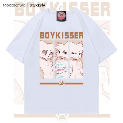 MODAKAWA X zarckets BOYKISSER Anime Cat Character Graphic 100% Cotton T-shirt - White - 5XL - image 2