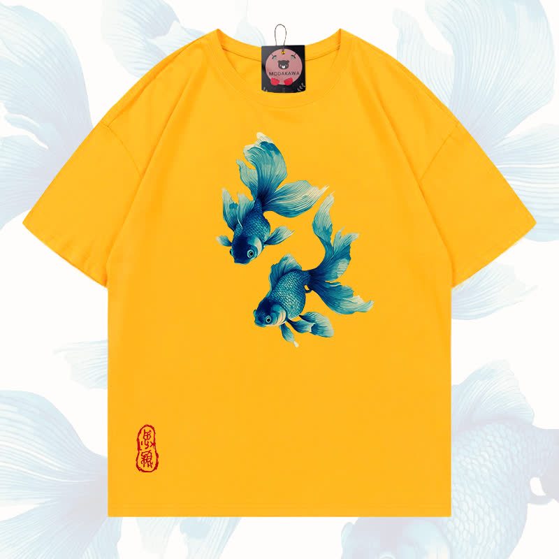 MODAKAWA Fish Graphic 100% Cotton T-shirt - Bright yellow - 5XL - image 18
