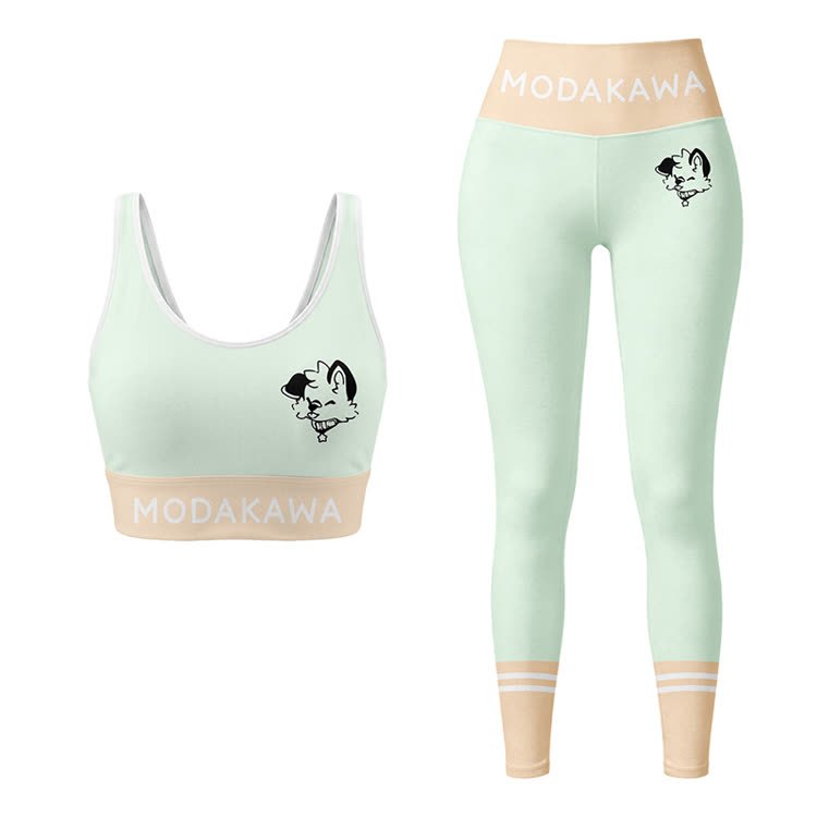 MODAKAWA X popipeko Puppy Graphic Sports Bra Top Leggings Matching Outfit - Green Set - 5XL - image 13