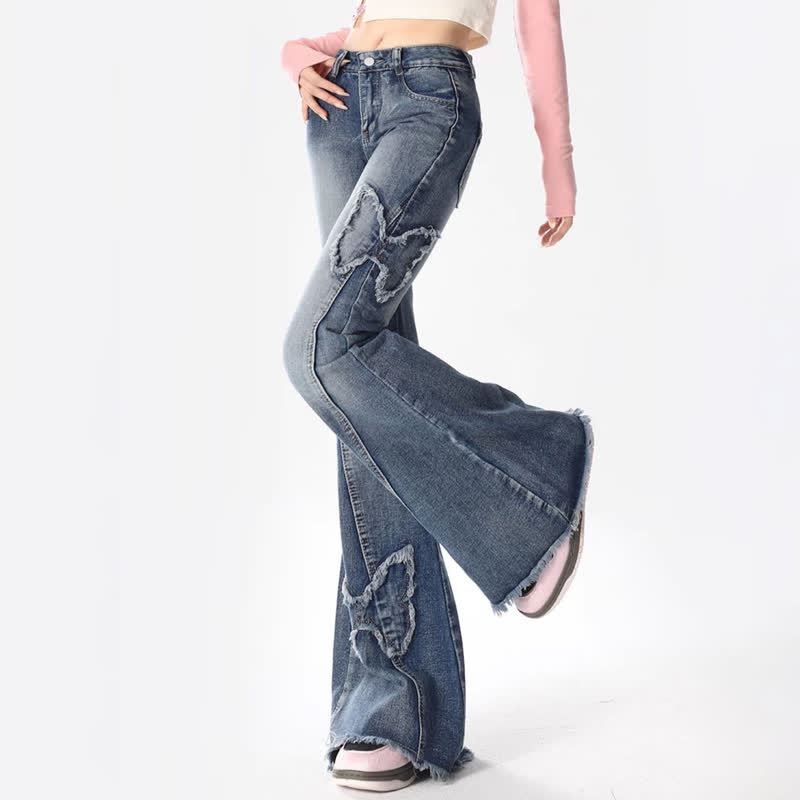 Butterfly Print Off Shoulder Top Flared Jeans Two Pieces Set - image 6