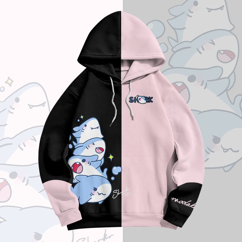 MODAKAWA Color Block Playful Shark Graphic All Over Print Pullover Hoodie - Black&Pink - 6XL - image 4