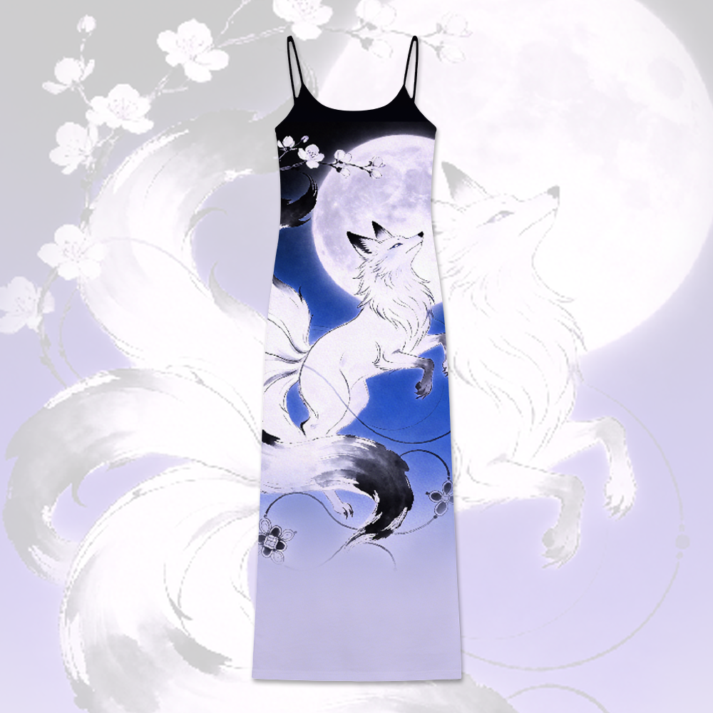 Nine Tailed Fox Moon Graphic Modakawa Gradient Slip Dress - Blue - 5XL - image 3