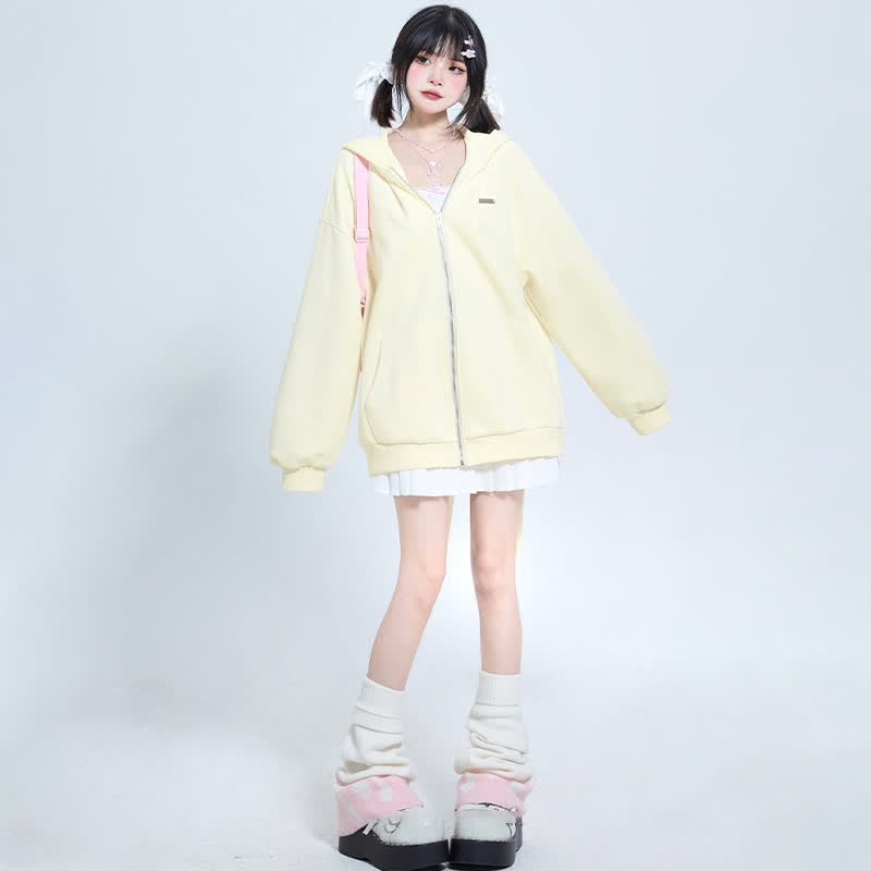 Long Bunny Ears Pocket Oversize Zipper Hooded Sweatshirt   - Yellow - 3XL - image 7