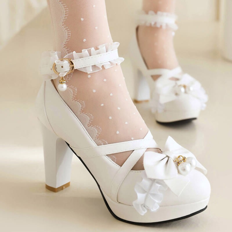 Bow Decor Lace Round Toe Chunk Heel Mary Janes Shoes - image 12