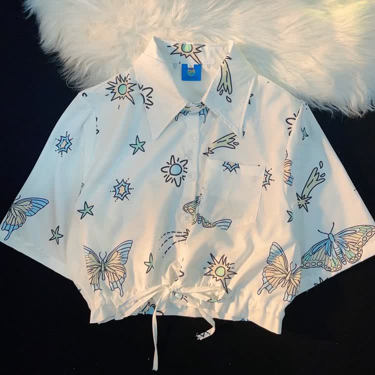 Tropical Print Cropped Button-Up Shirt - Multicolor K - L - image 13