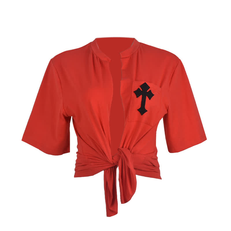 Cross Embroidery Pocket Lace Up Crop T-Shirt - Red - L - image 6