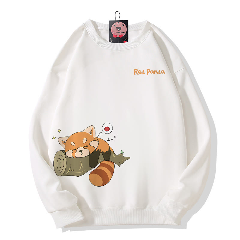 Red Panda Sleeping On Log Graphic Round Collar Sweatshirt - White - 5XL - image 3