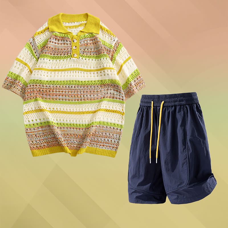 Stripe Open Knit Polo Shirt Quick Dry Drawstring Shorts Modakawa Matching Outfit - Two Pieces Set E - 2XL - image 5
