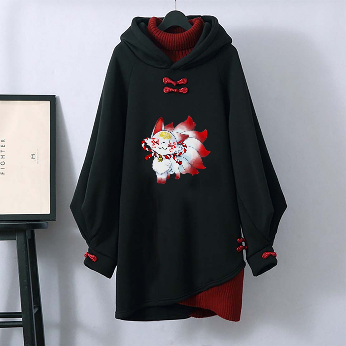 Modakawa Nine-tailed Fox Print Buckle Vintage Hooded Sweatshirt Dress - Black - 3XL - image 1