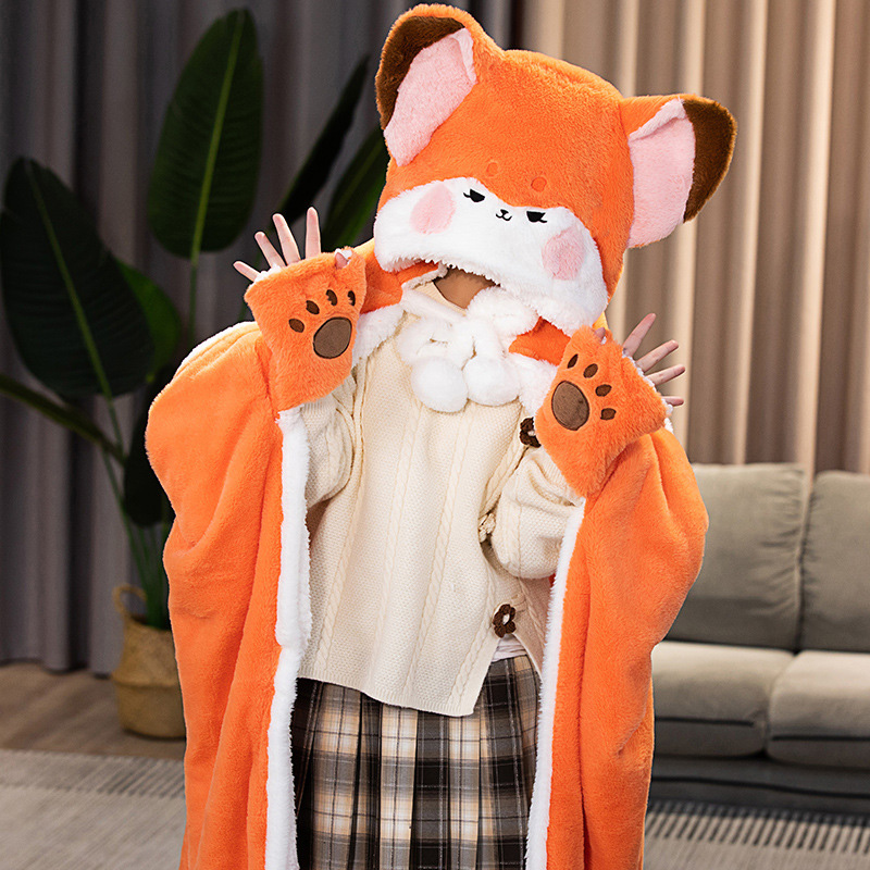 Cartoon Cute Fox Plush Wearable Hooded Blanket - image 8