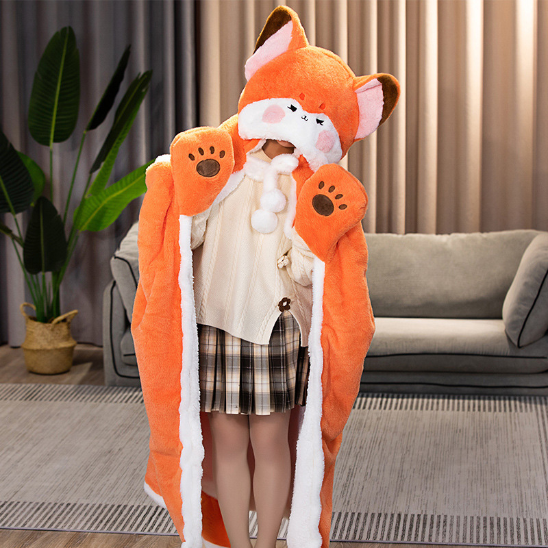 Cartoon Cute Fox Plush Wearable Hooded Blanket - B(120*160 cm, With Gloves) - One Size - image 5