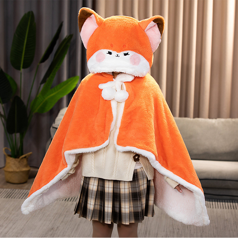 Cartoon Cute Fox Plush Wearable Hooded Blanket - A(80*125 cm, No Gloves) - One Size - image 3