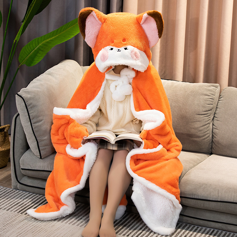 Cartoon Cute Fox Plush Wearable Hooded Blanket - image 1