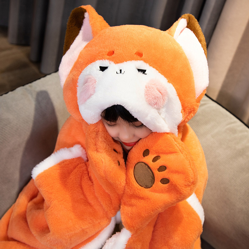 Cartoon Cute Fox Plush Wearable Hooded Blanket - image 2