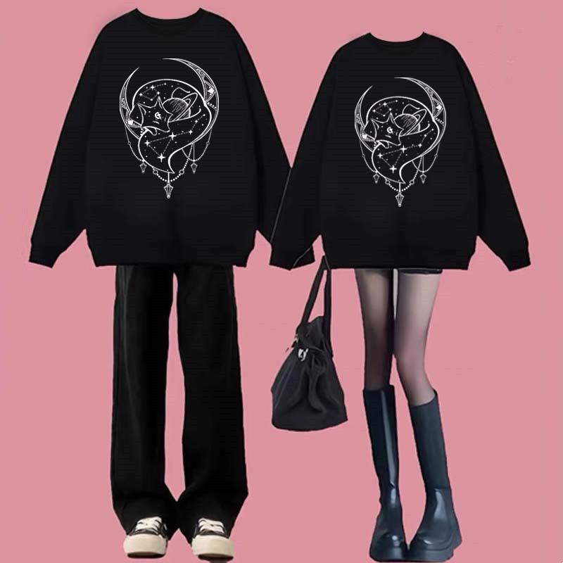 Modakawa Girlfriend Boyfriend Fox Moon Print Round Collar Sweatshirt - image 3