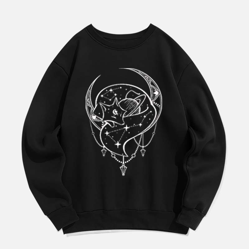 Modakawa Girlfriend Boyfriend Fox Moon Print Round Collar Sweatshirt - Black - 2XL - image 2