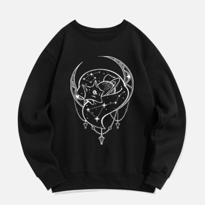 Modakawa Girlfriend Boyfriend Fox Moon Print Round Collar Sweatshirt - Black - 2XL - image 2