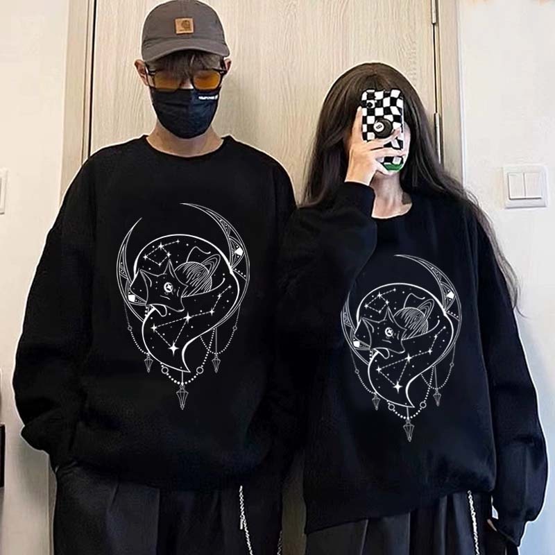 Modakawa Girlfriend Boyfriend Fox Moon Print Round Collar Sweatshirt - image 1