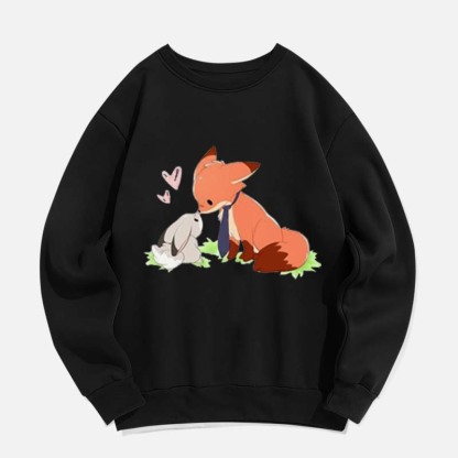 Modakawa Girlfriend Boyfriend Fox Bunny Print Round Collar Sweatshirt - Black A - 2XL - image 3