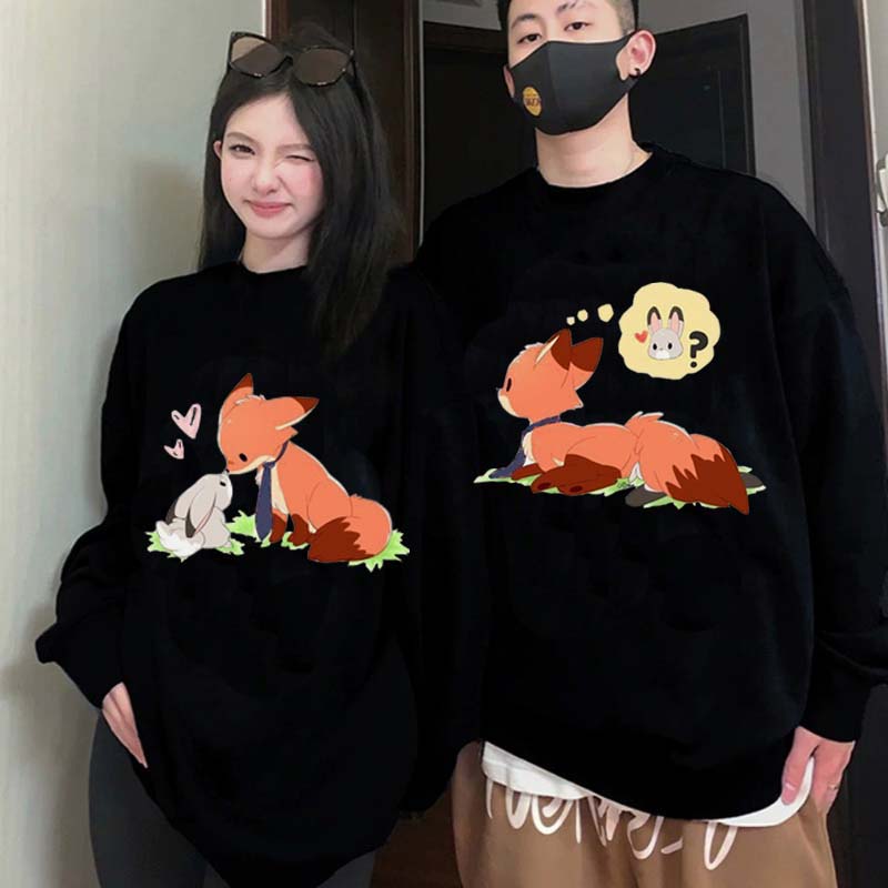 Modakawa Girlfriend Boyfriend Fox Bunny Print Round Collar Sweatshirt - image 1