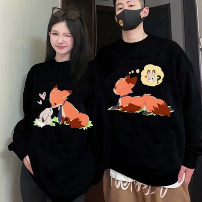 Modakawa Girlfriend Boyfriend Fox Bunny Print Round Collar Sweatshirt - image 1