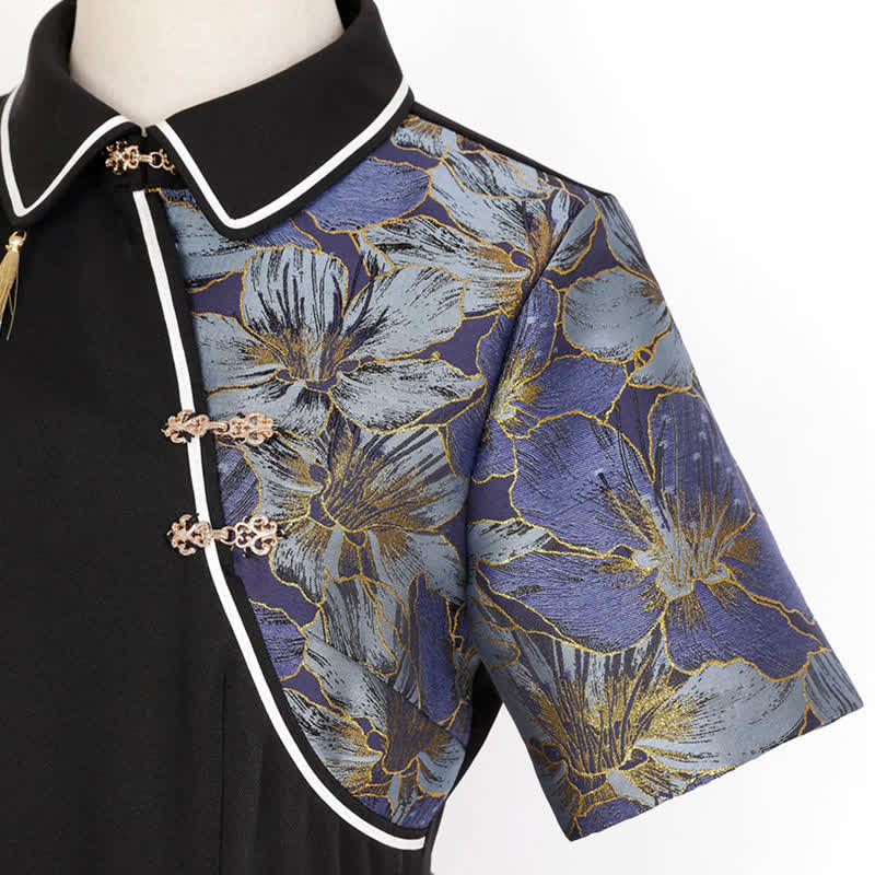 Vintage Lapel Floral Embroidery Button Splice Irregular Dress With Belt - image 8