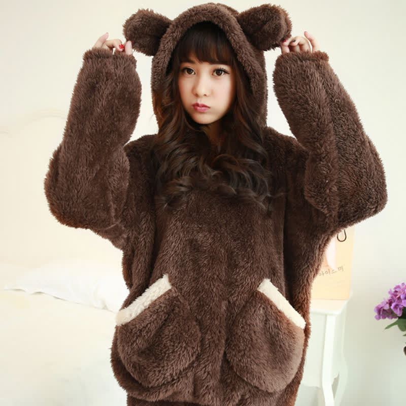 Women Bear Plush Hooded Pajama Set - Brown - 2XL - image 3