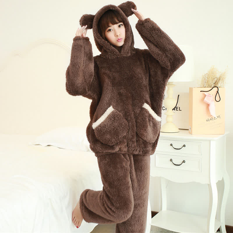 Women Bear Plush Hooded Pajama Set - image 1