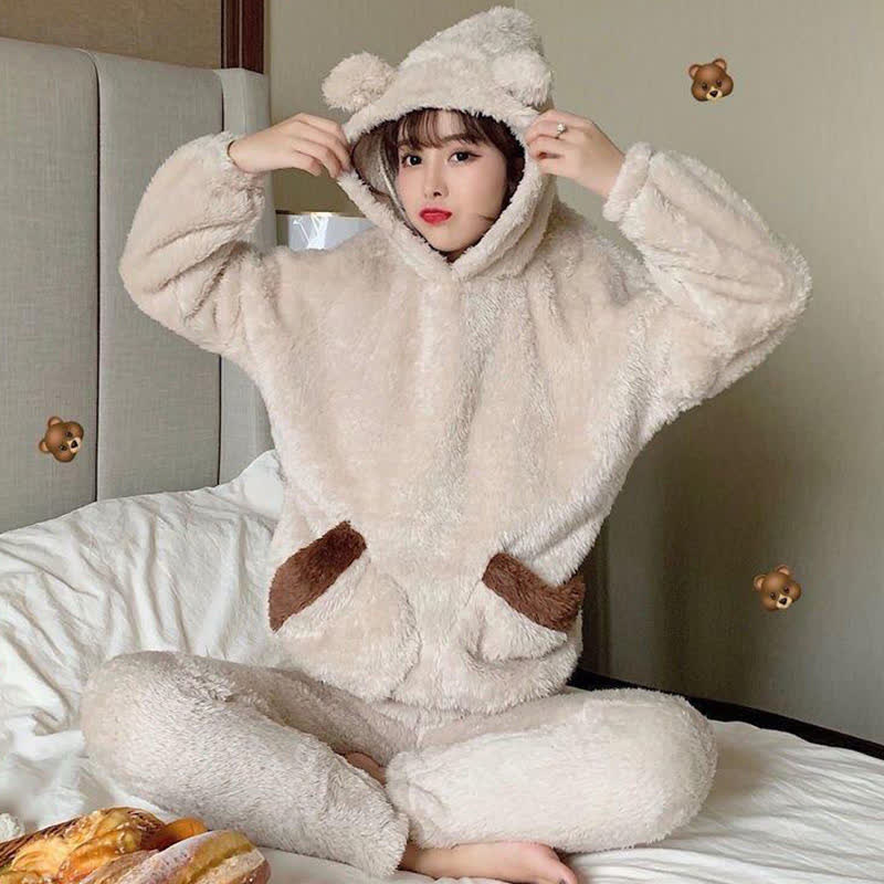 Women Bear Plush Hooded Pajama Set - image 7