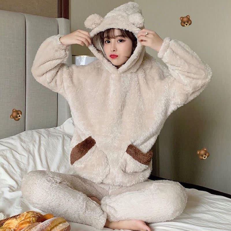 Women Bear Plush Hooded Pajama Set - image 7