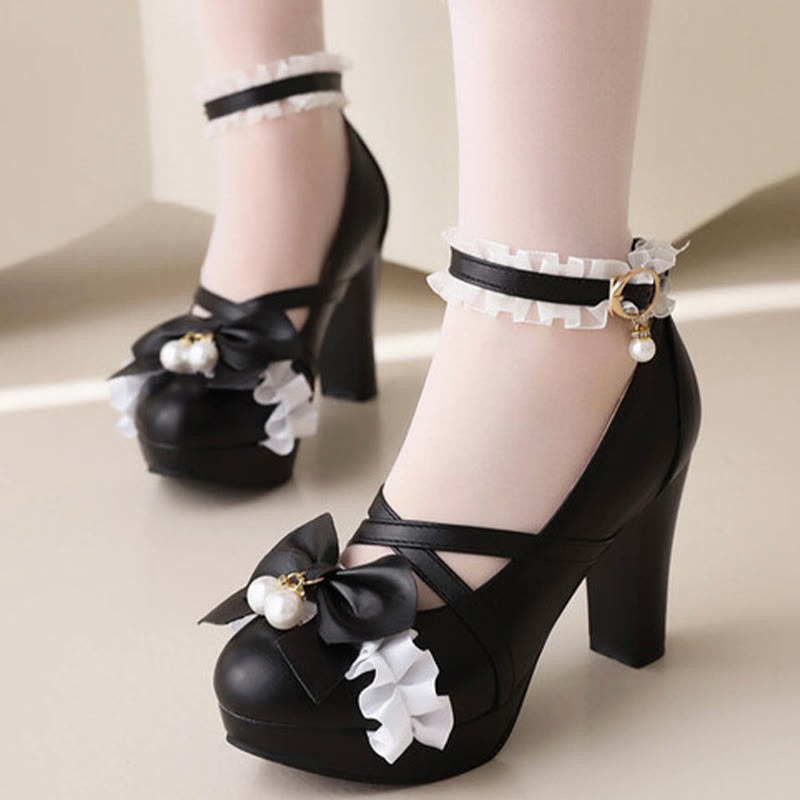 Bow Decor Lace Round Toe Chunk Heel Mary Janes Shoes - image 9