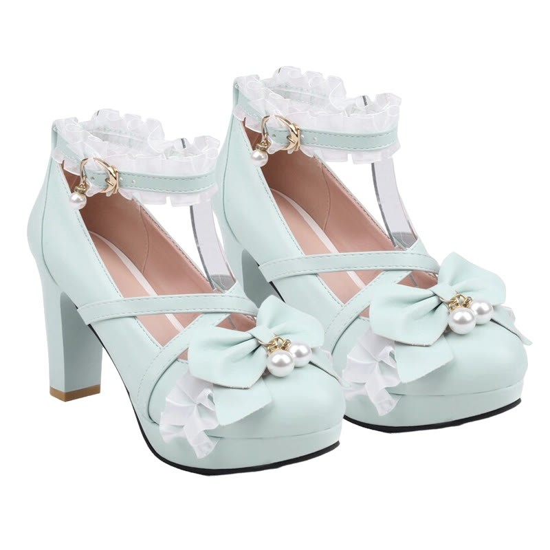 Bow Decor Lace Round Toe Chunk Heel Mary Janes Shoes - Green - 46 - image 2