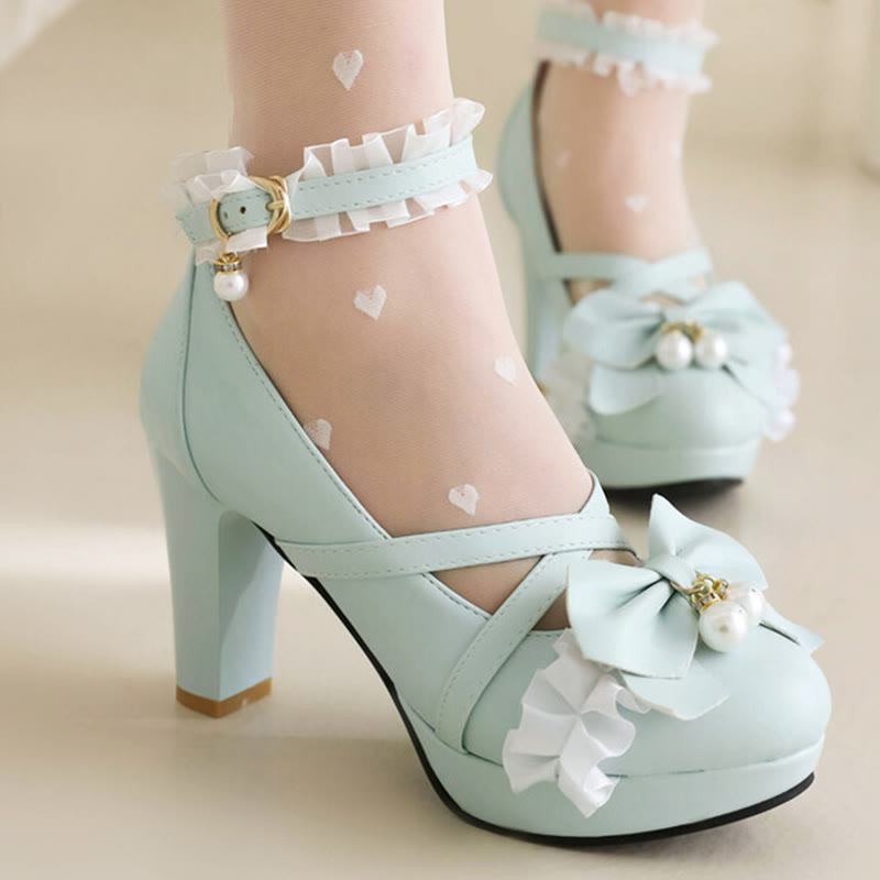 Bow Decor Lace Round Toe Chunk Heel Mary Janes Shoes - image 1