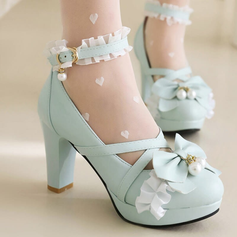 Bow Decor Lace Round Toe Chunk Heel Mary Janes Shoes - image 1