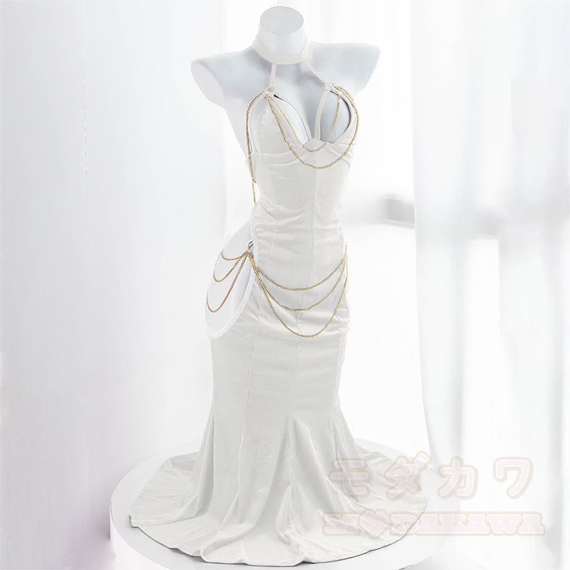Sexy Halter Hollow Out Backless Chain Fishtail Dress⁠ - White Dress - 3XL-4XL - image 8